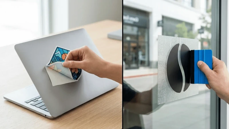 Side-by-side comparison of a printed sticker and a vinyl decal being applied in different real-world settings Side-by-side comparison of a printed sticker and a vinyl decal being applied in different real-world settings