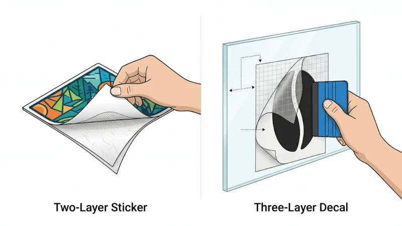 Cutaway illustration showing the layer structure of a sticker versus a decal Cutaway illustration showing the layer structure of a sticker versus a decal